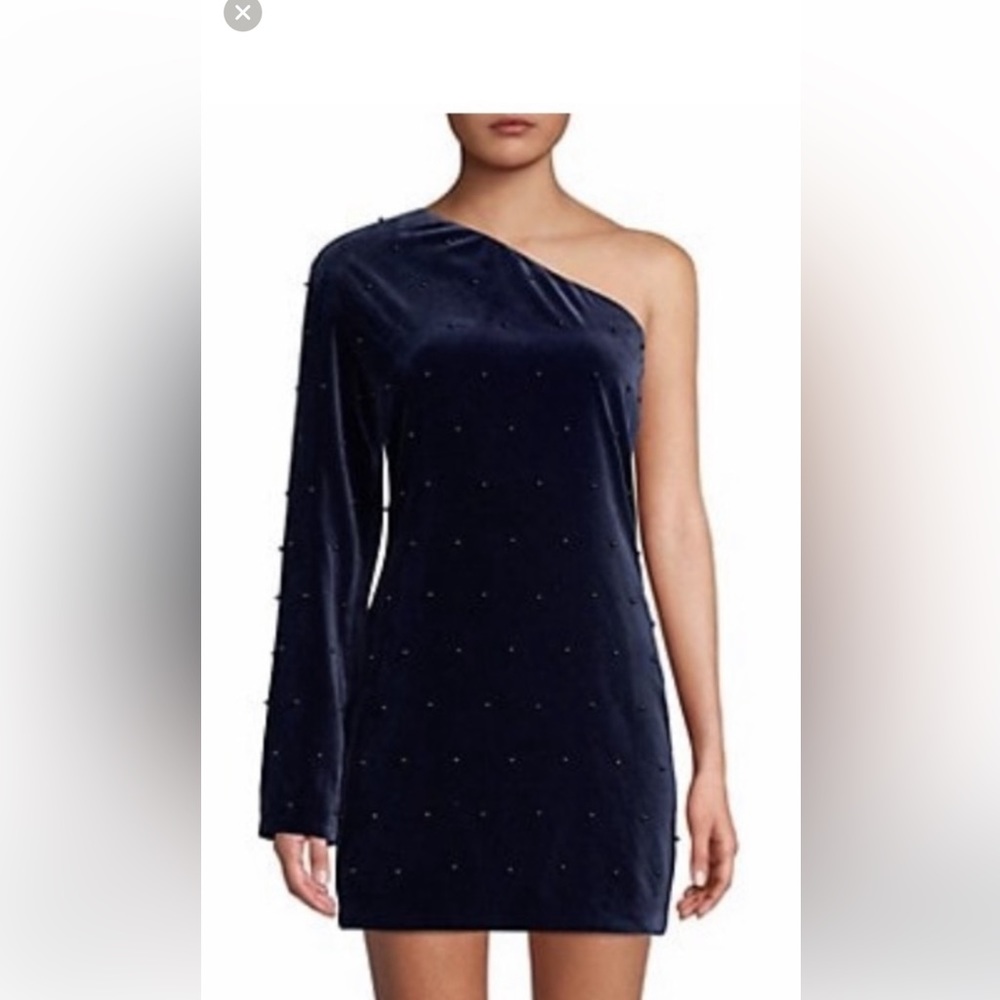 Beautiful one shoulder navy velvet RtA dress with pearls all over